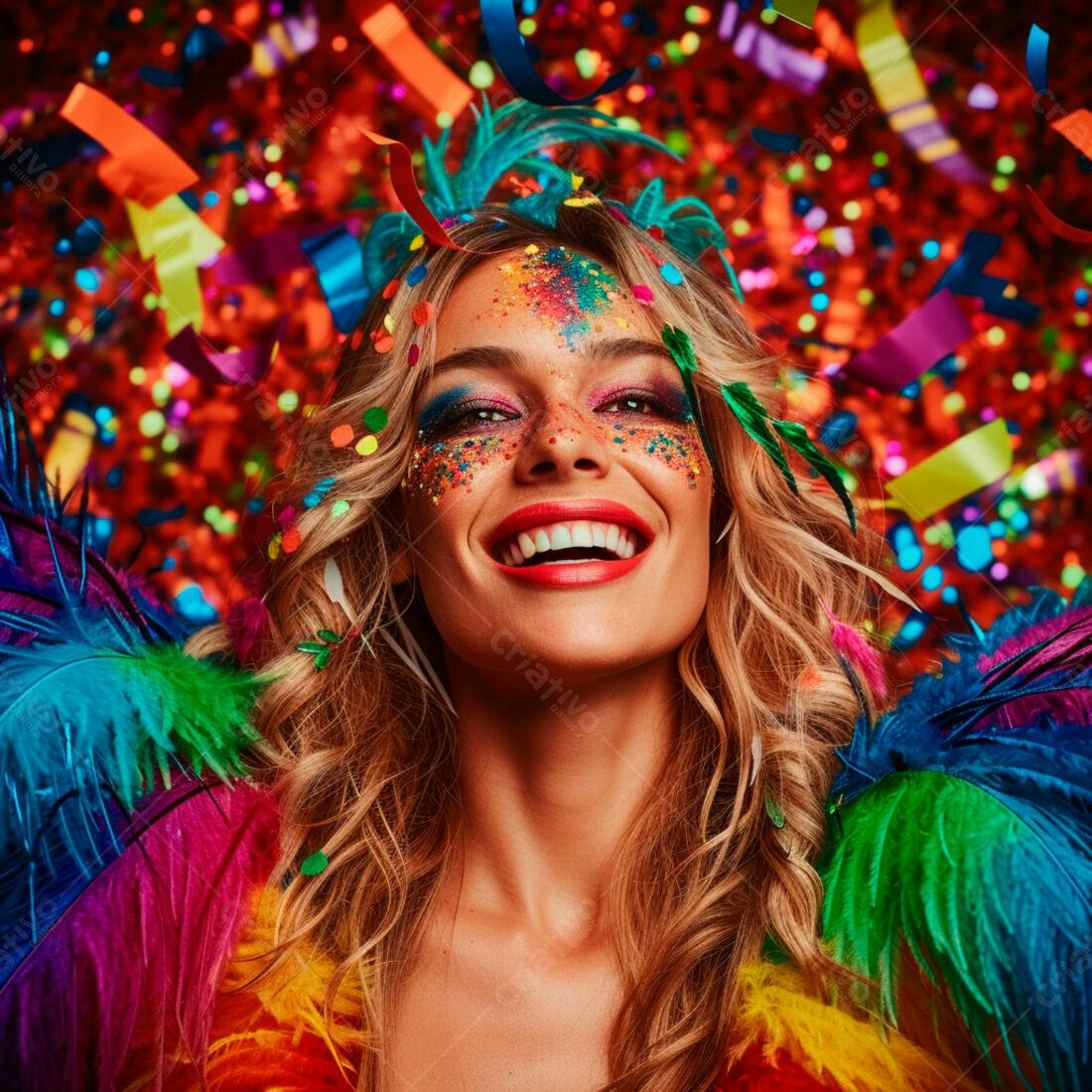 Mulher loira em festa com glitter e penas