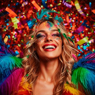 Mulher loira com penas multicoloridas para carnaval 8