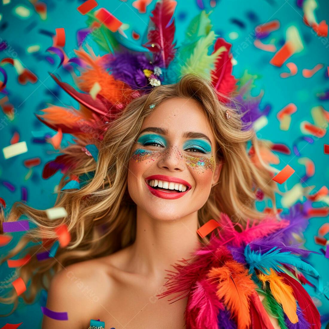 Mulher sorridente com maquiagem vibrante e penas