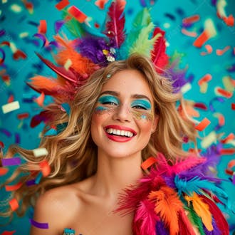 Mulher loira com penas multicoloridas para carnaval 9