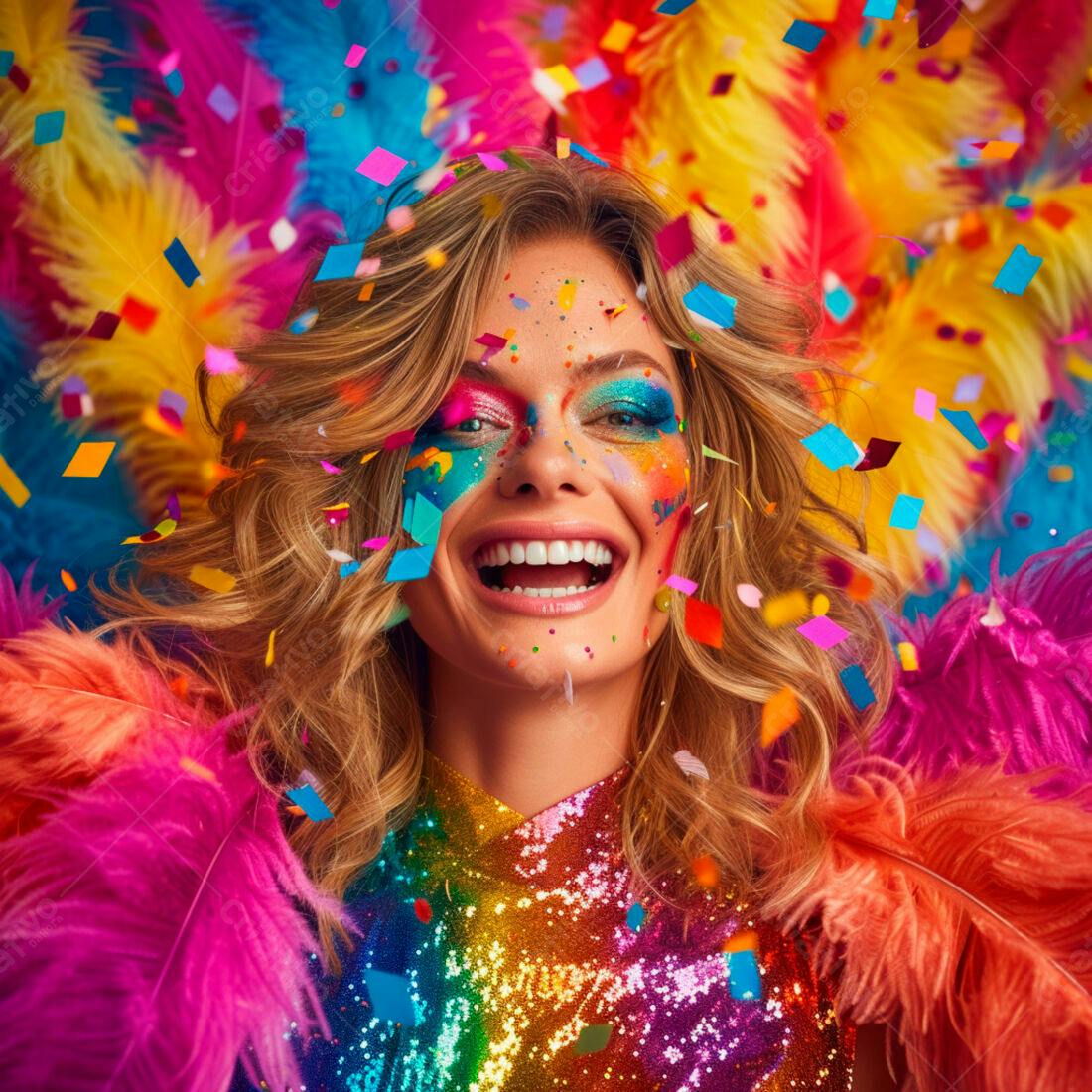 Mulher alegre com maquiagem vibrante em festa