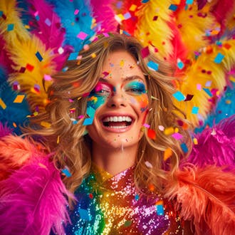 Mulher loira com penas multicoloridas para carnaval 10