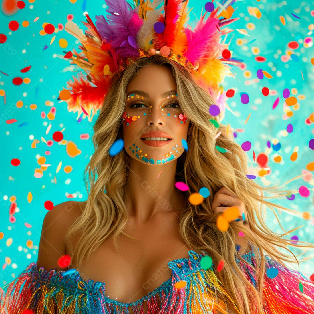 Mulher loira com maquiagem colorida e fantasia de Carnaval