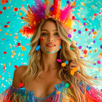 Mulher loira com penas multicoloridas para carnaval 11