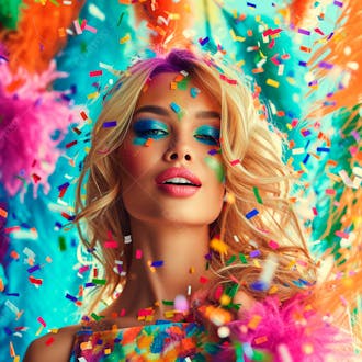 Mulher loira com penas multicoloridas para carnaval 12
