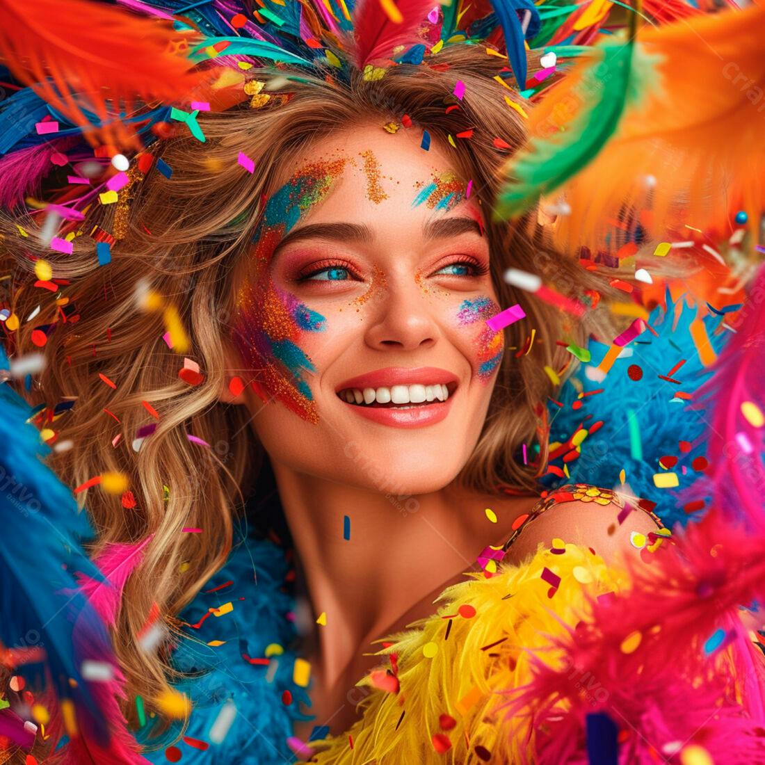 Mulher sorridente com glitter e penas coloridas