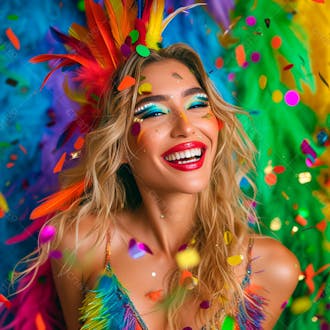 Mulher loira com penas multicoloridas para carnaval 14