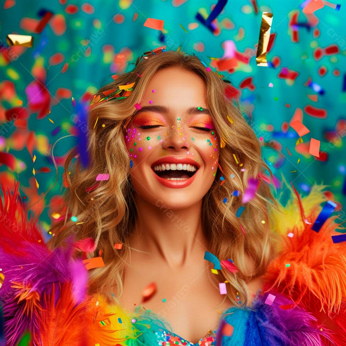 Mulher loira feliz em meio a confetes coloridos