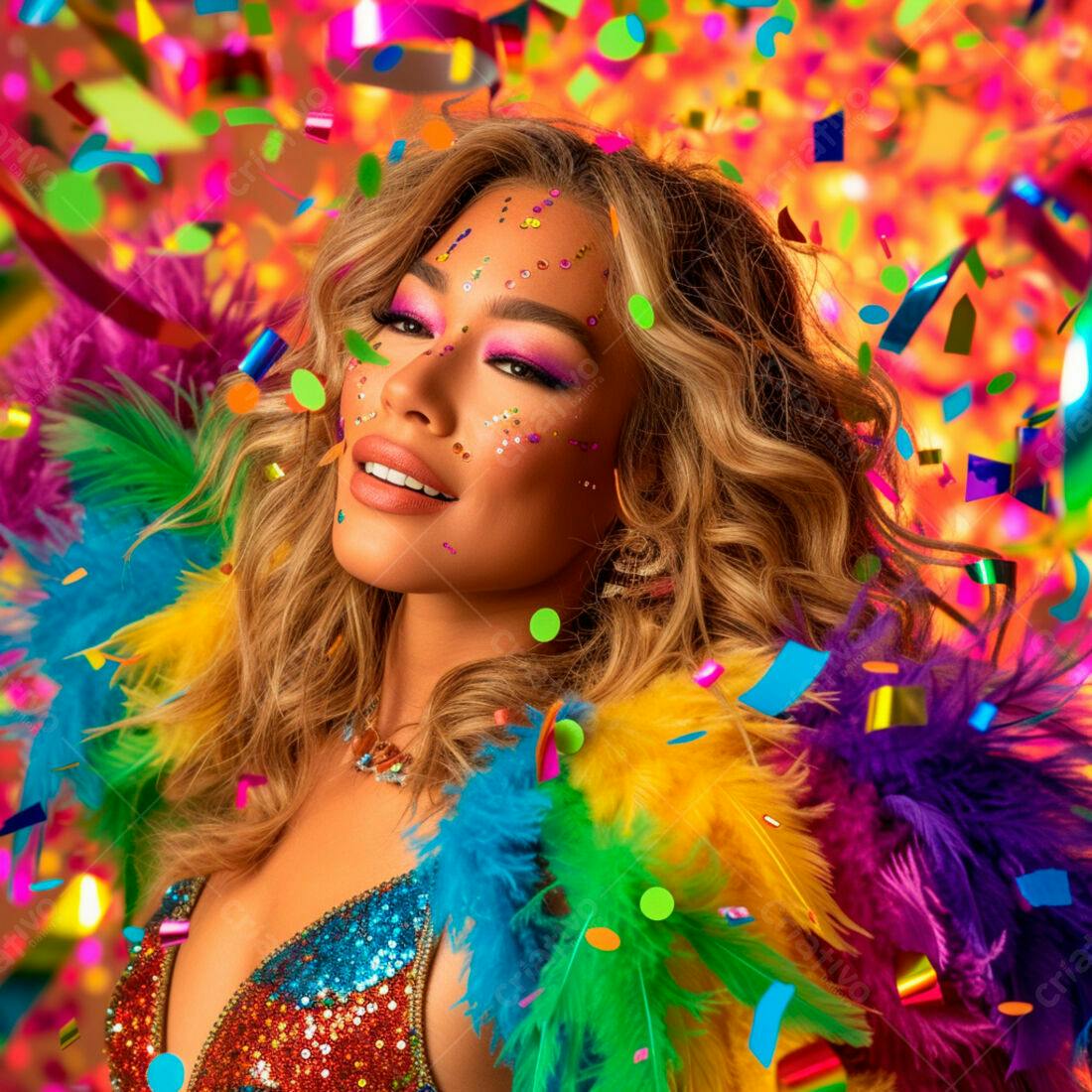 Mulher com maquiagem vibrante em festa de Carnaval