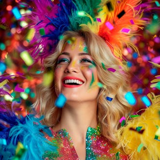Mulher loira com penas multicoloridas para carnaval 17