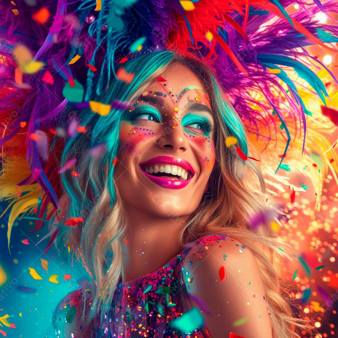Mulher sorrindo Carnaval fantasia colorida