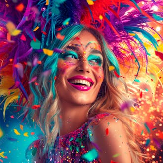 Mulher loira com penas multicoloridas para carnaval 18