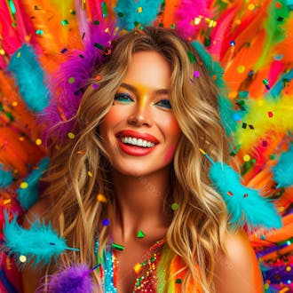 Mulher loira com penas multicoloridas para carnaval 19