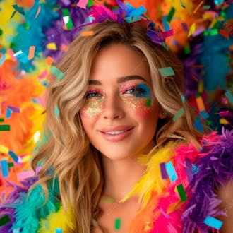 Mulher loira com penas multicoloridas para carnaval 20