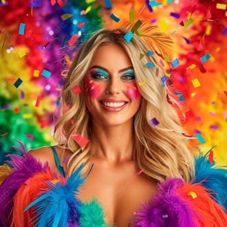Mulher loira com penas multicoloridas para carnaval 22