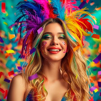 Mulher loira com penas multicoloridas para carnaval 23