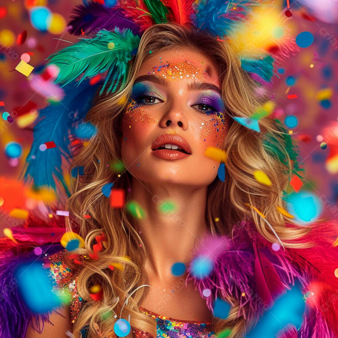 Modelo com maquiagem vibrante e penas coloridas