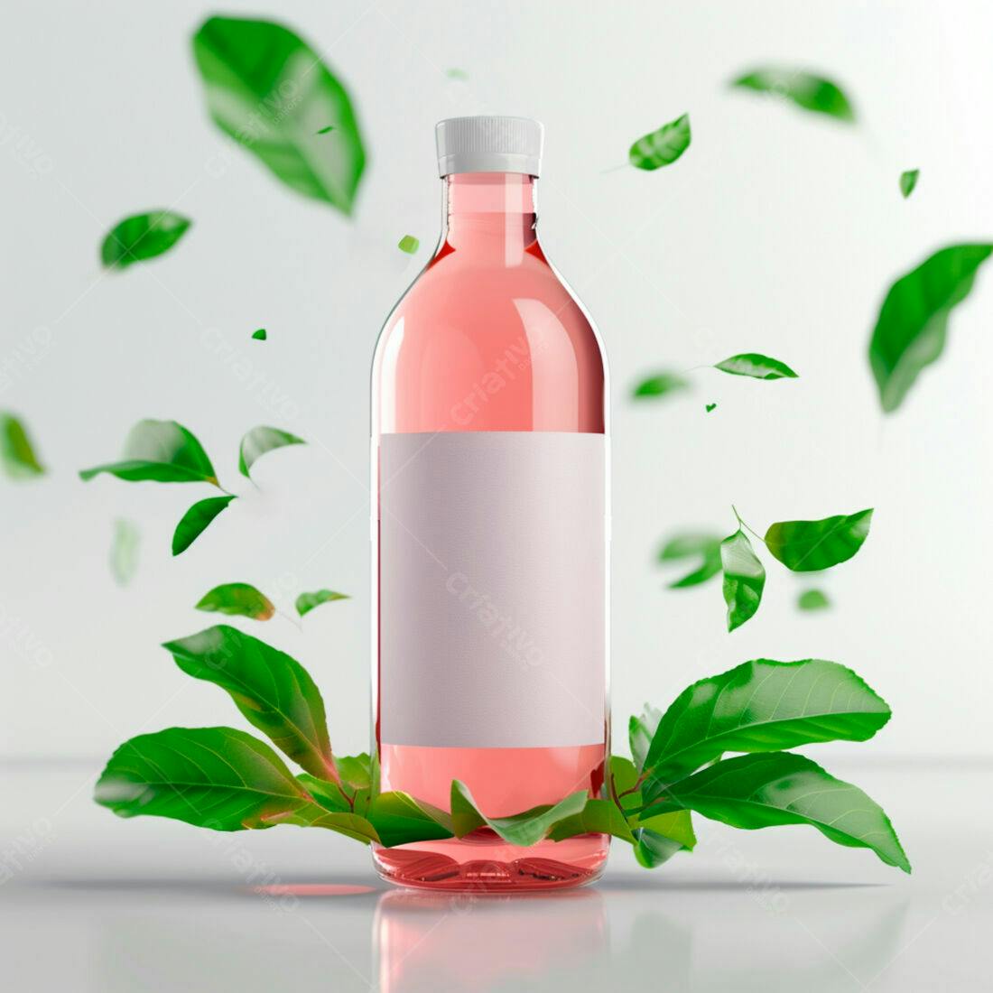 Garrafa de bebida rosa com folhas verdes