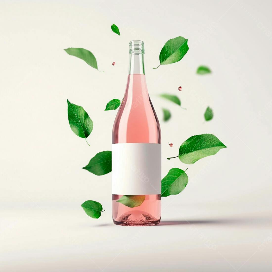 Garrafa de vinho rosé com folhas verdes