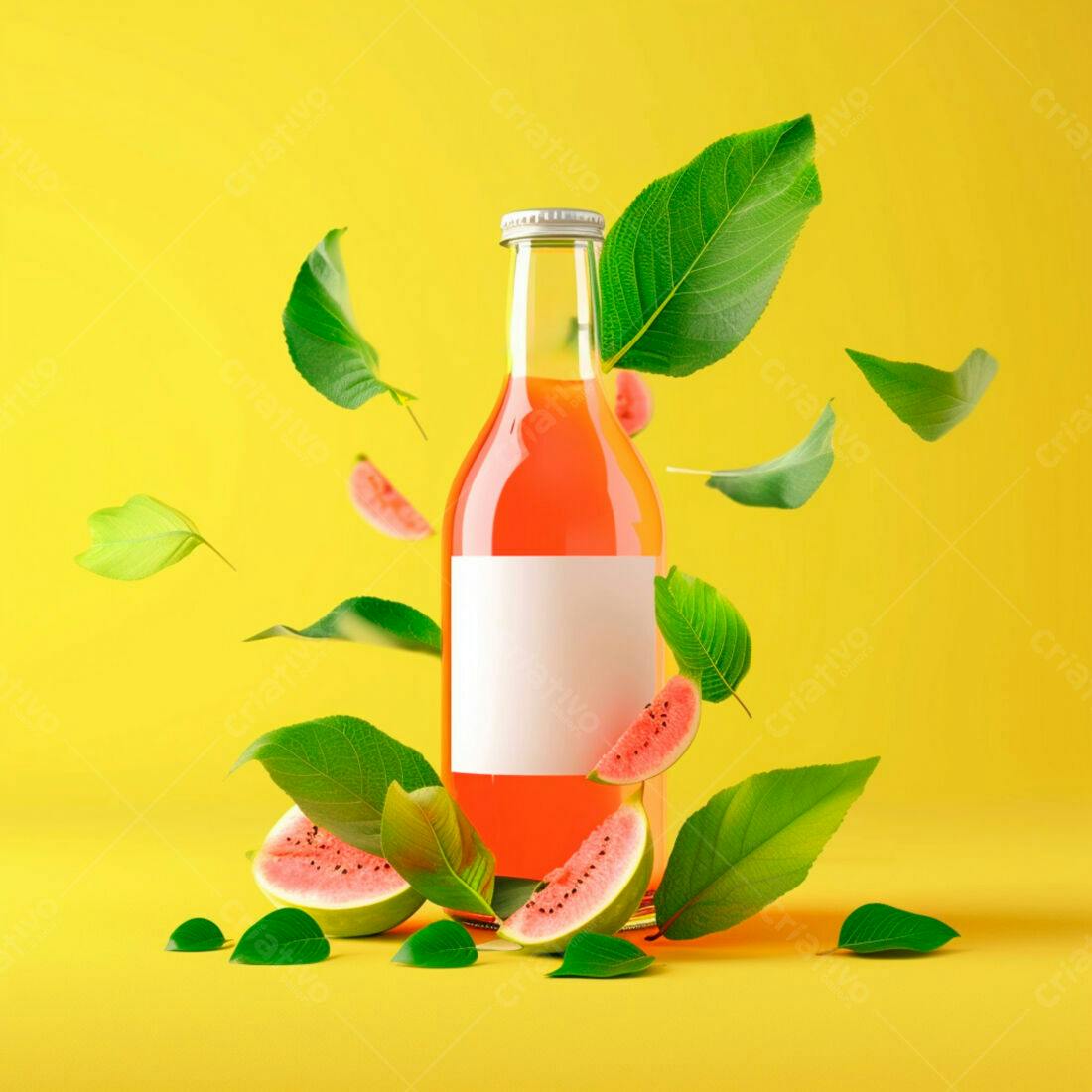 Suco de melancia em garrafa com folhas