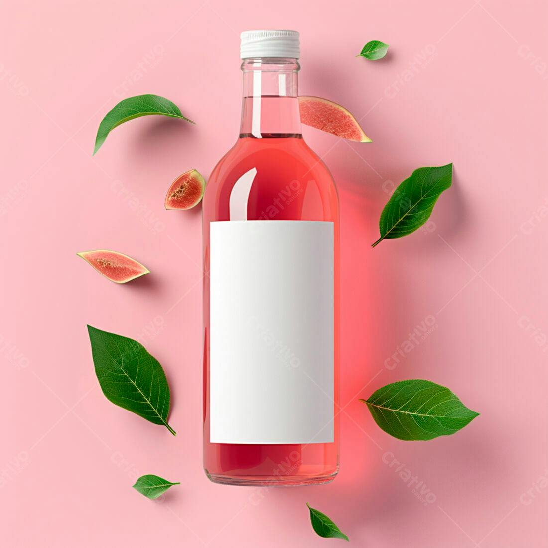 Garrafa de suco rosa com figos e folhas
