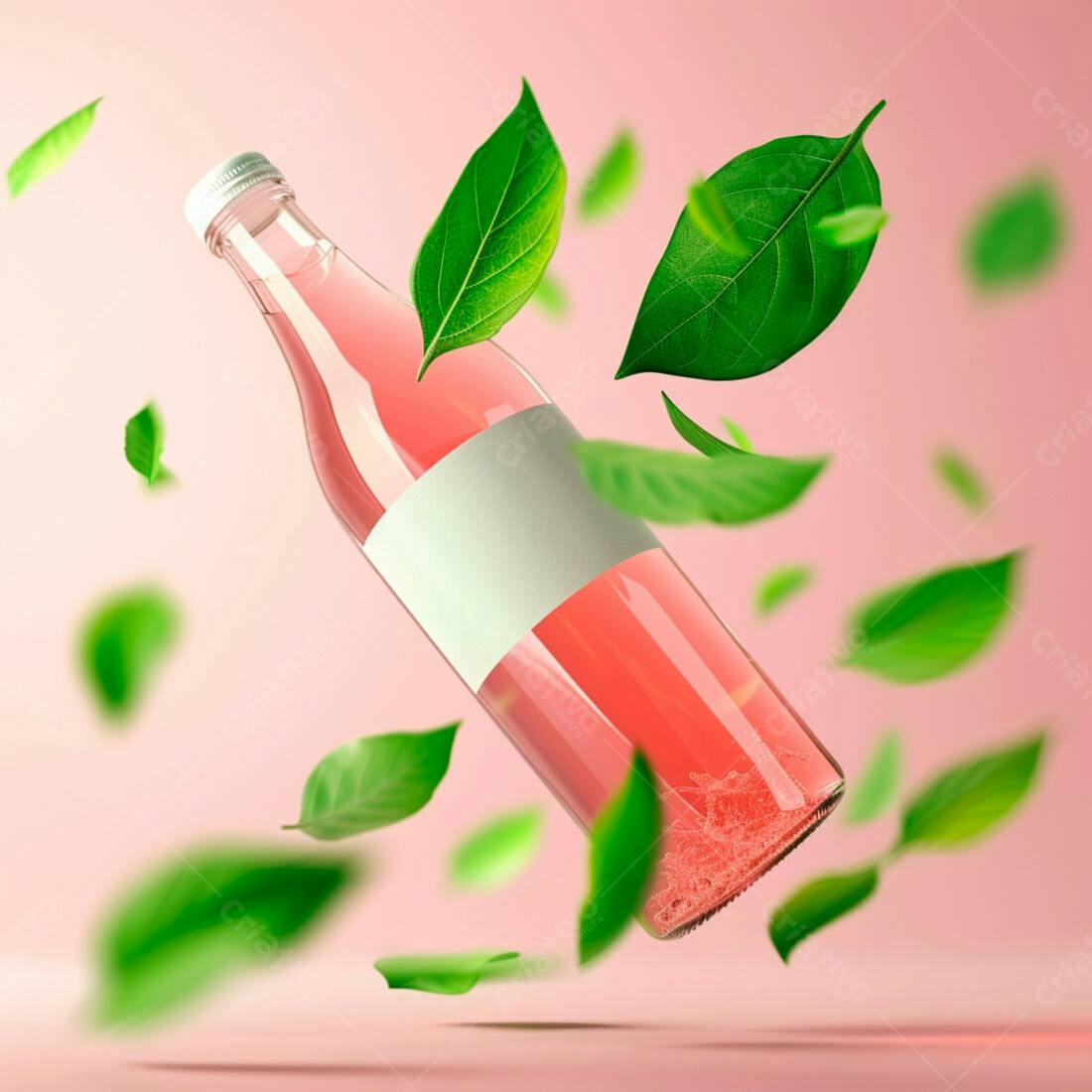 Garrafa de suco rosa com folhas verdes