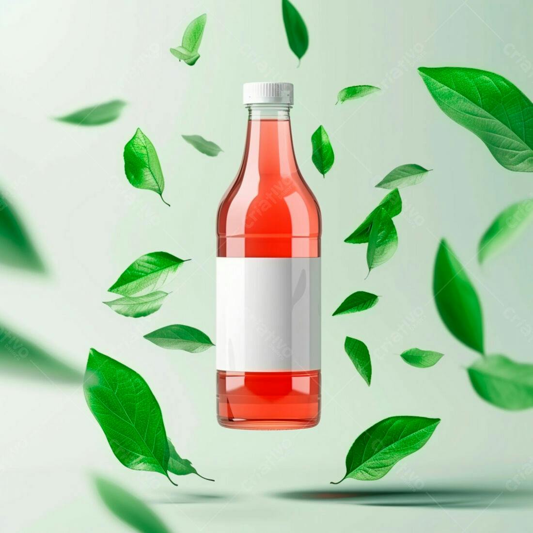 Garrafa de suco vermelho com folhas verdes