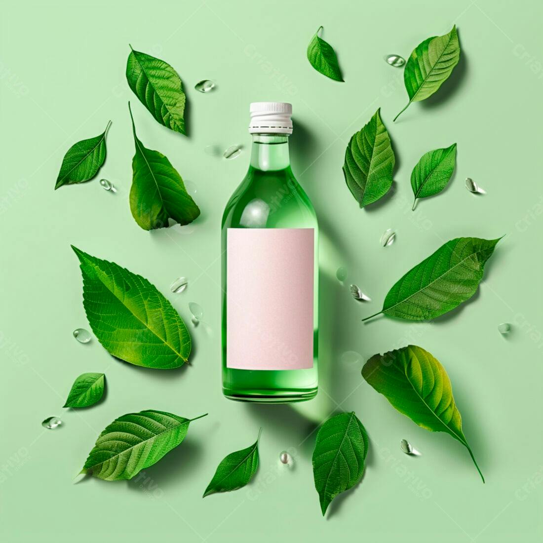 Frasco de vidro verde com rótulo rosa e folhas