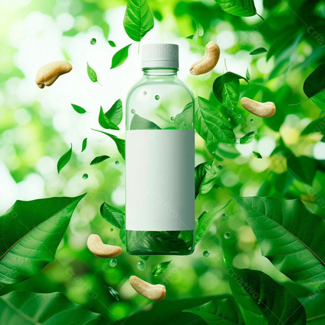 Garrafa transparente com castanhas e folhas verdes
