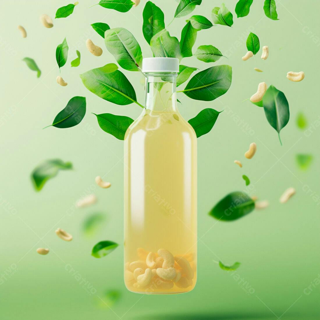 Bebida de castanha de caju com folhas verdes