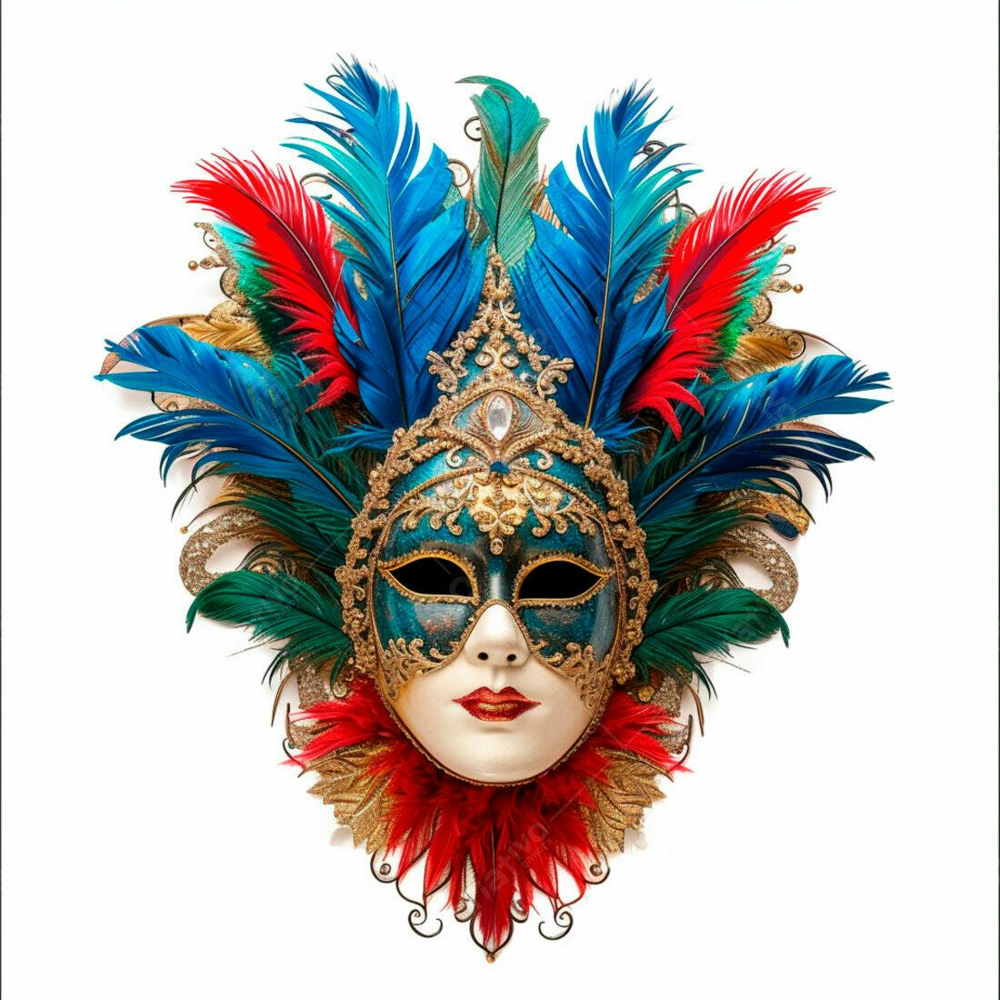 Máscara Veneziana Azul e Vermelha com Penas