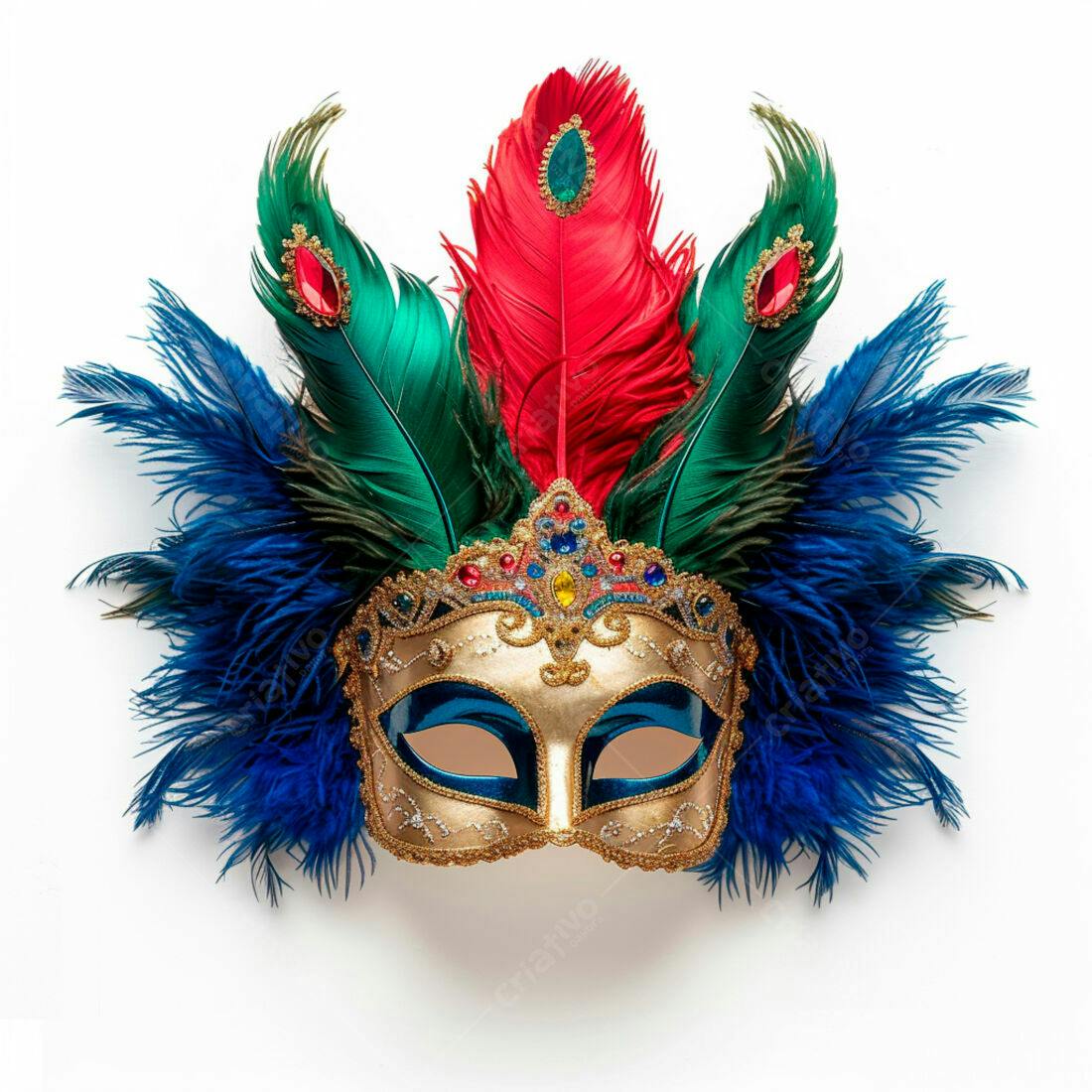 Máscara de Carnaval com Penas Vermelhas Azuis e Verdes