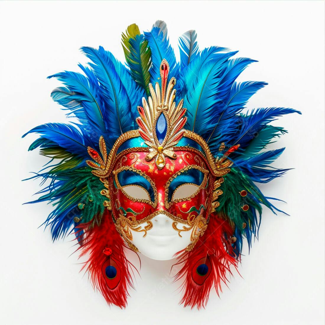Máscara de Carnaval com Penas Vermelhas e Azuis