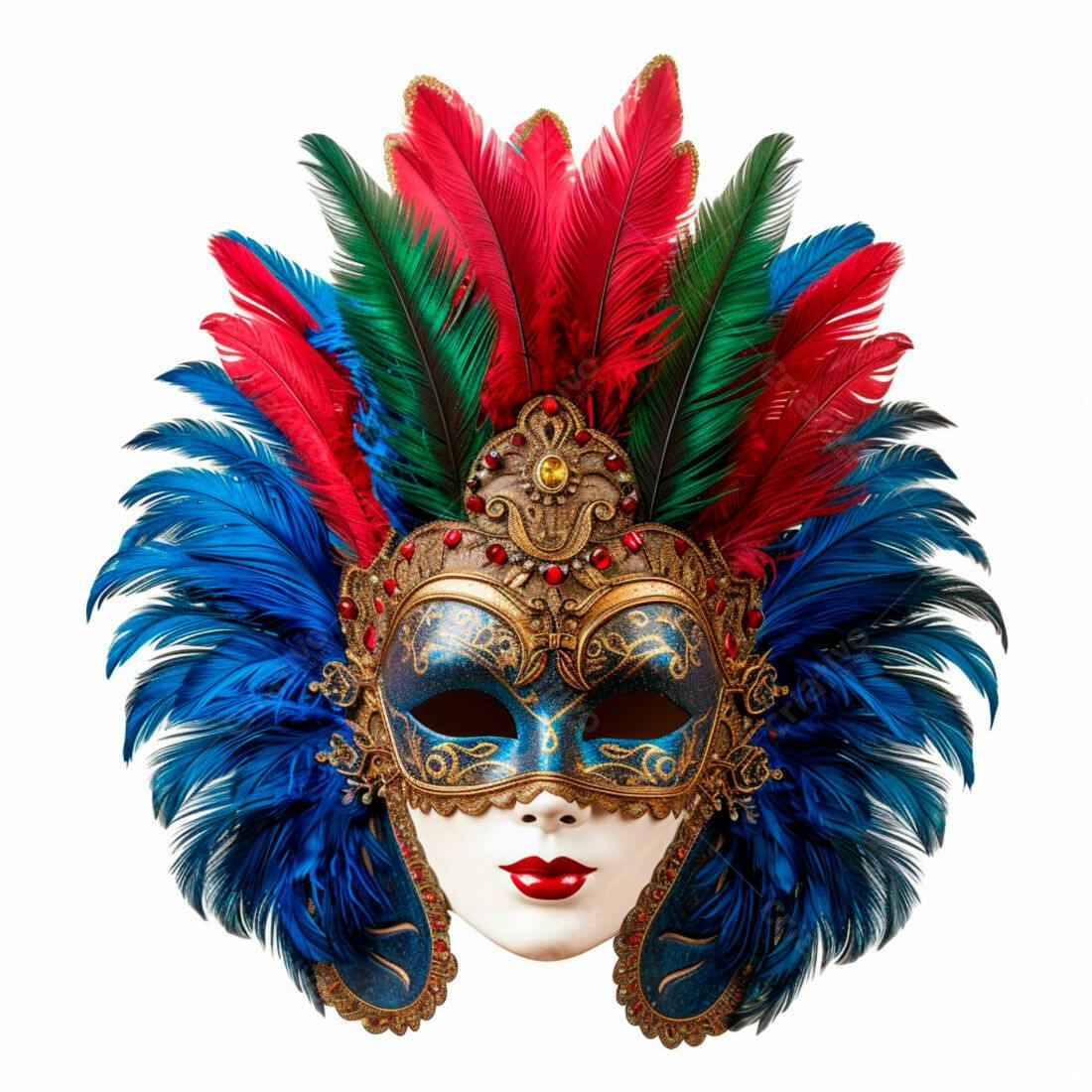 Máscara de Carnaval Azul Dourada com Penas Vermelhas e Verdes