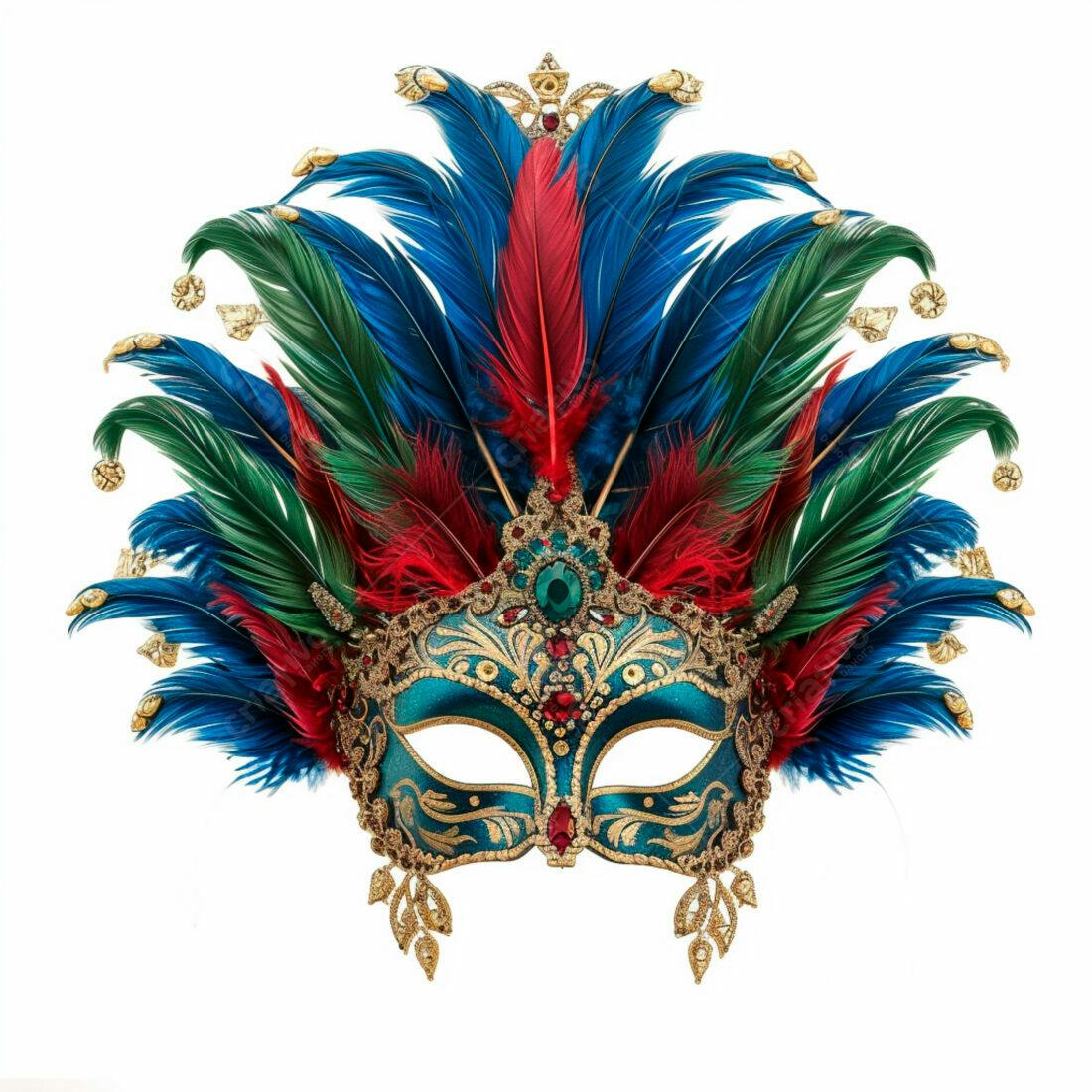 Máscara de Carnaval com Penas Vermelhas Azuis e Verdes