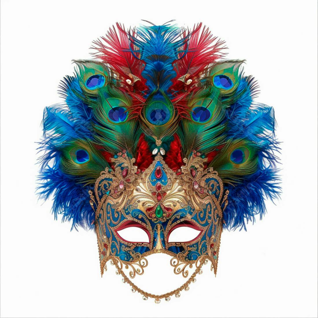 Máscara de Carnaval Azul Ouro e Penas de Pavão