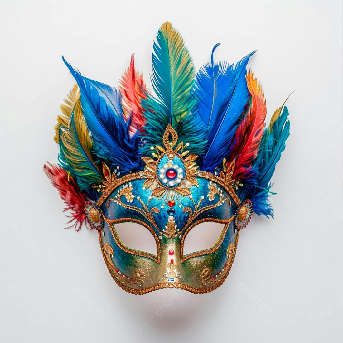 Máscara de Carnaval azul e dourada com penas