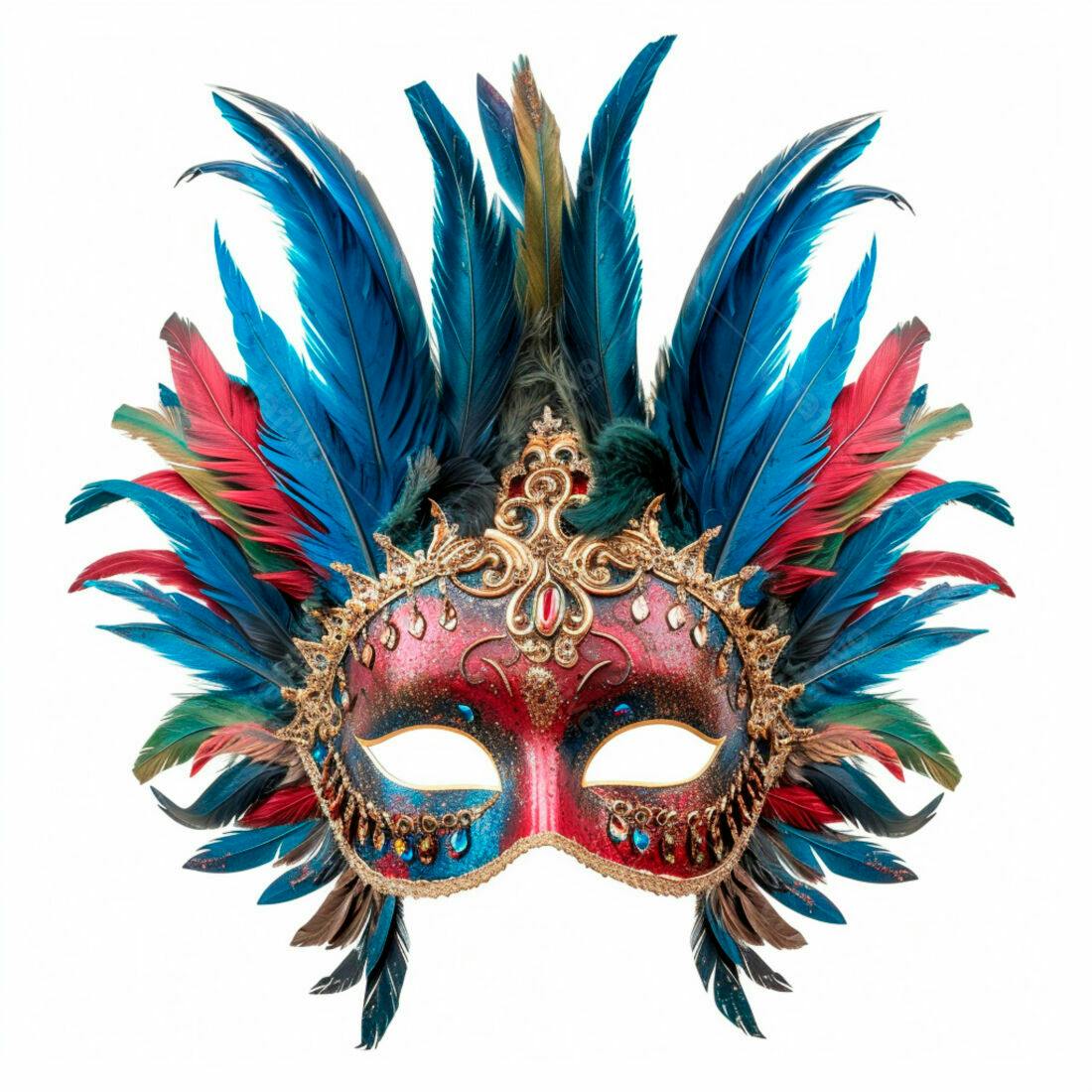 Máscara de Carnaval com Penas Vermelhas e Azuis