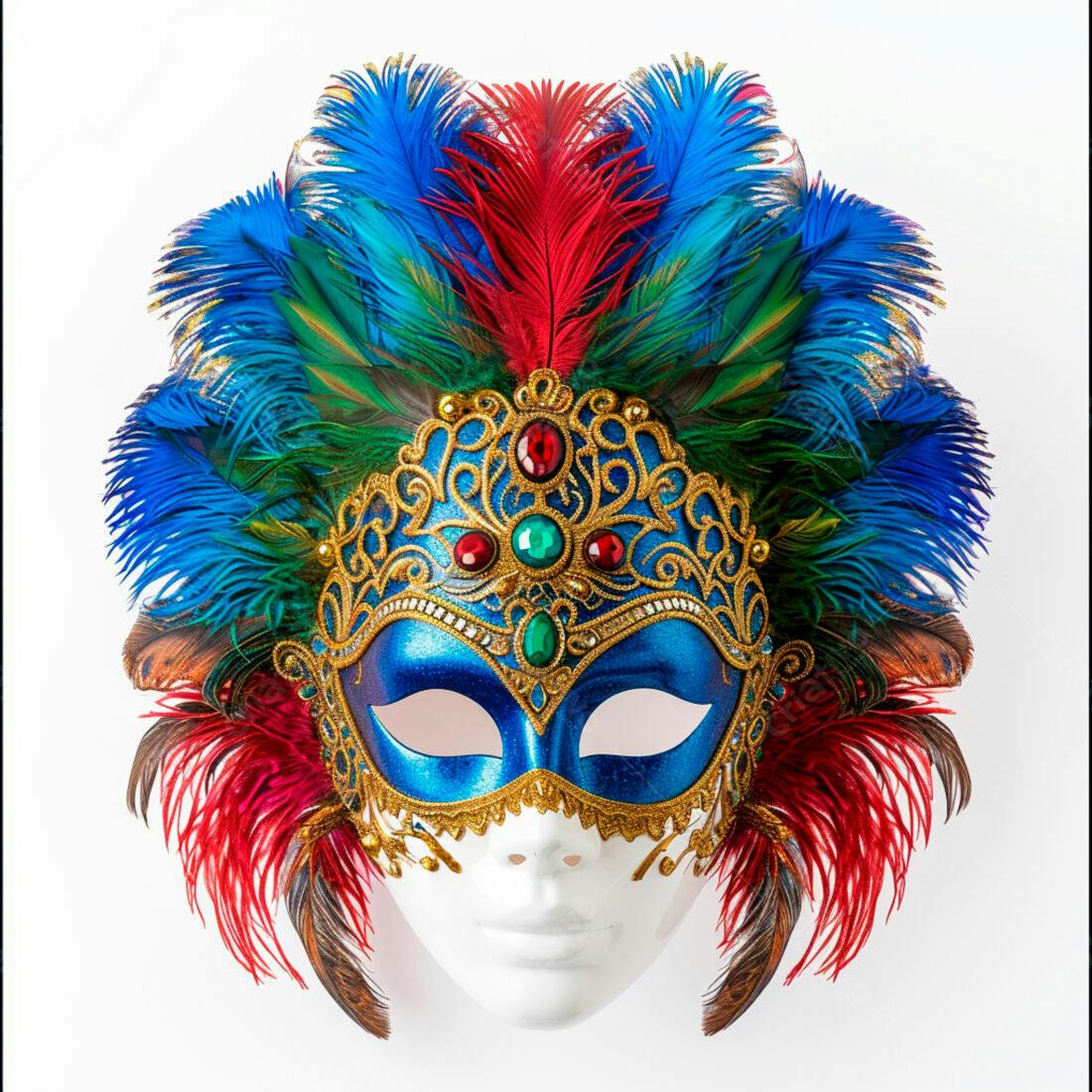 Máscara de Carnaval Azul e Dourada com Penas