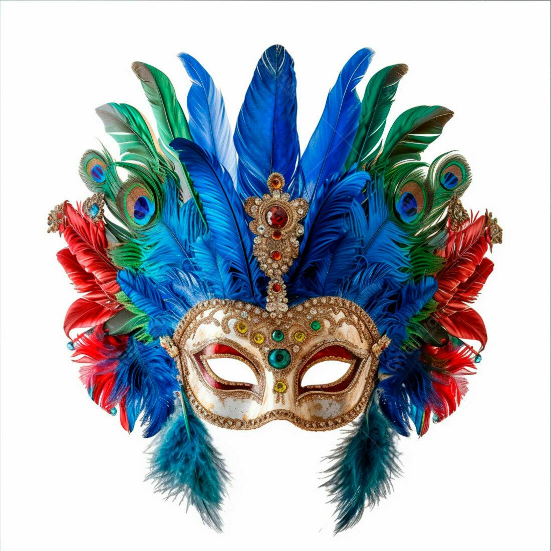 Máscara de Carnaval com Penas azuis e vermelhas