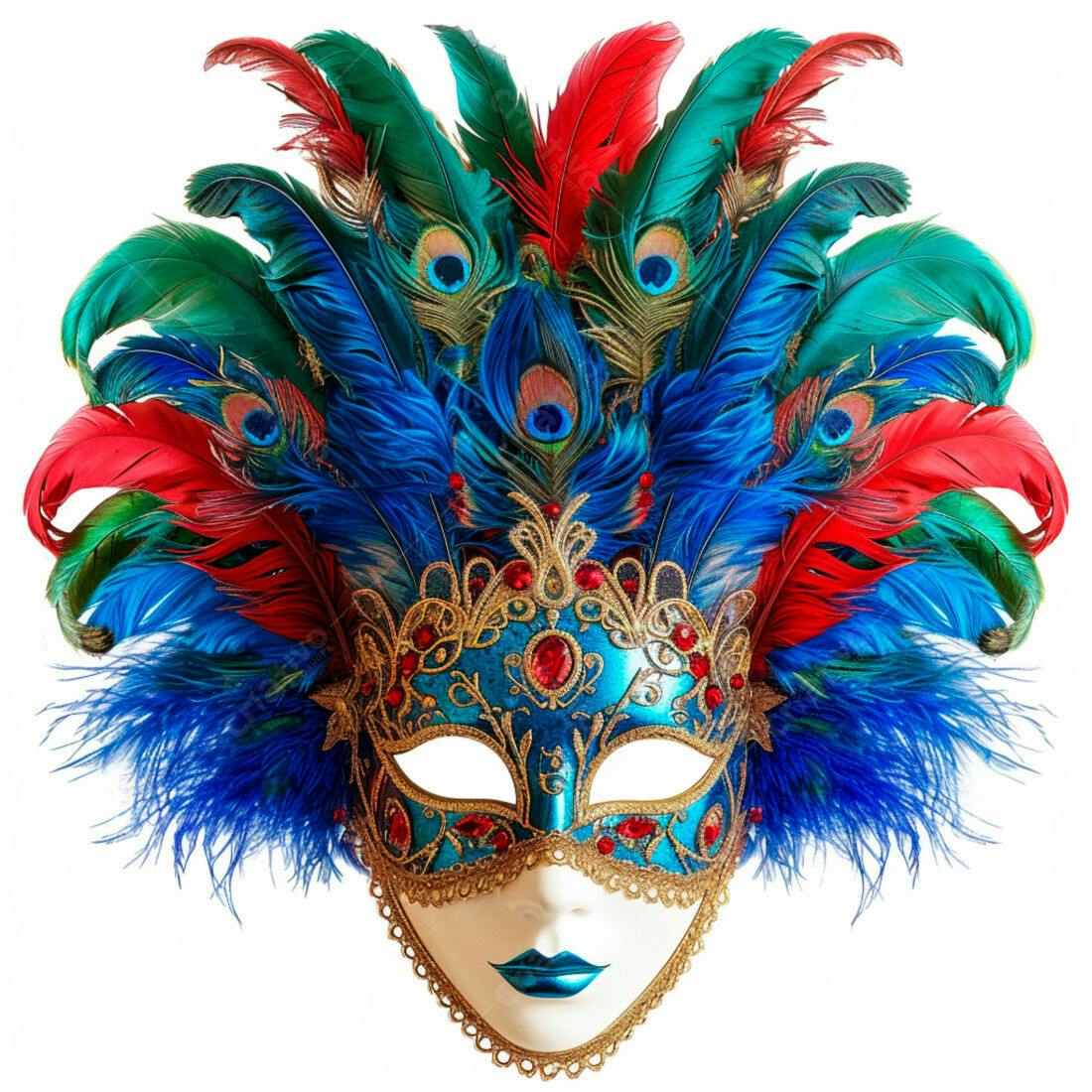 Máscara de Carnaval Azul e Vermelha com Penas