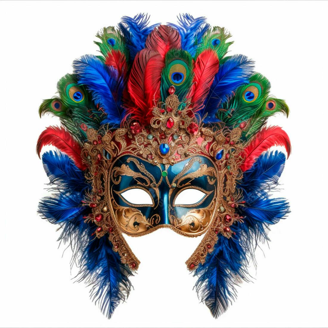 Máscara de Carnaval Azul com Penas Vermelhas e Azuis