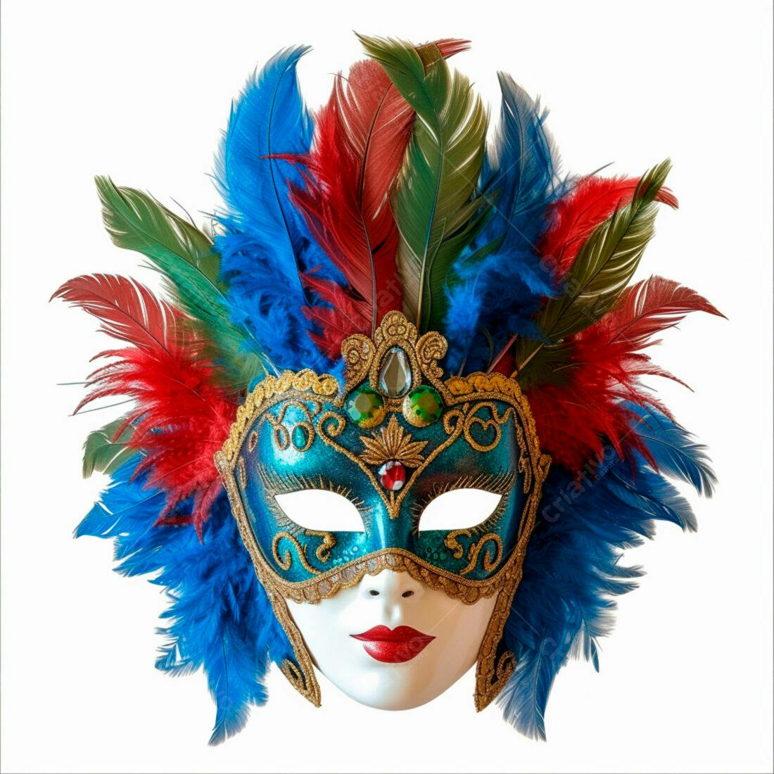 Máscara de Carnaval azul turquesa com penas