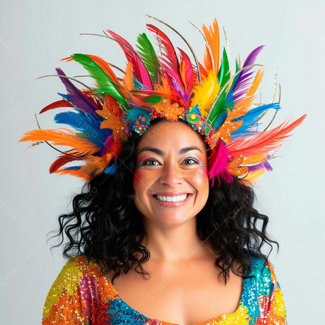 Mulher sorridente com coroa de penas coloridas