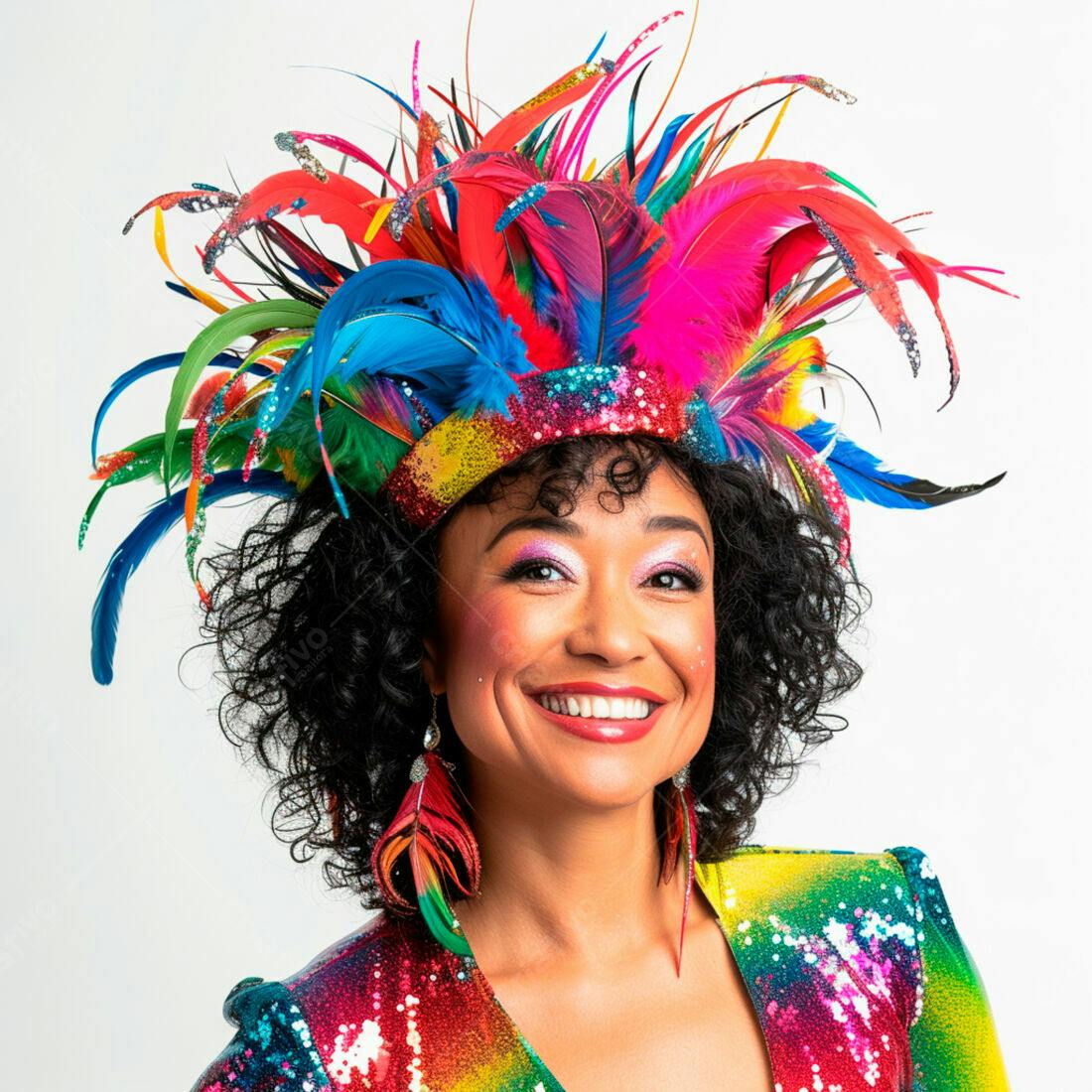 Mulher sorridente com fantasia colorida de carnaval
