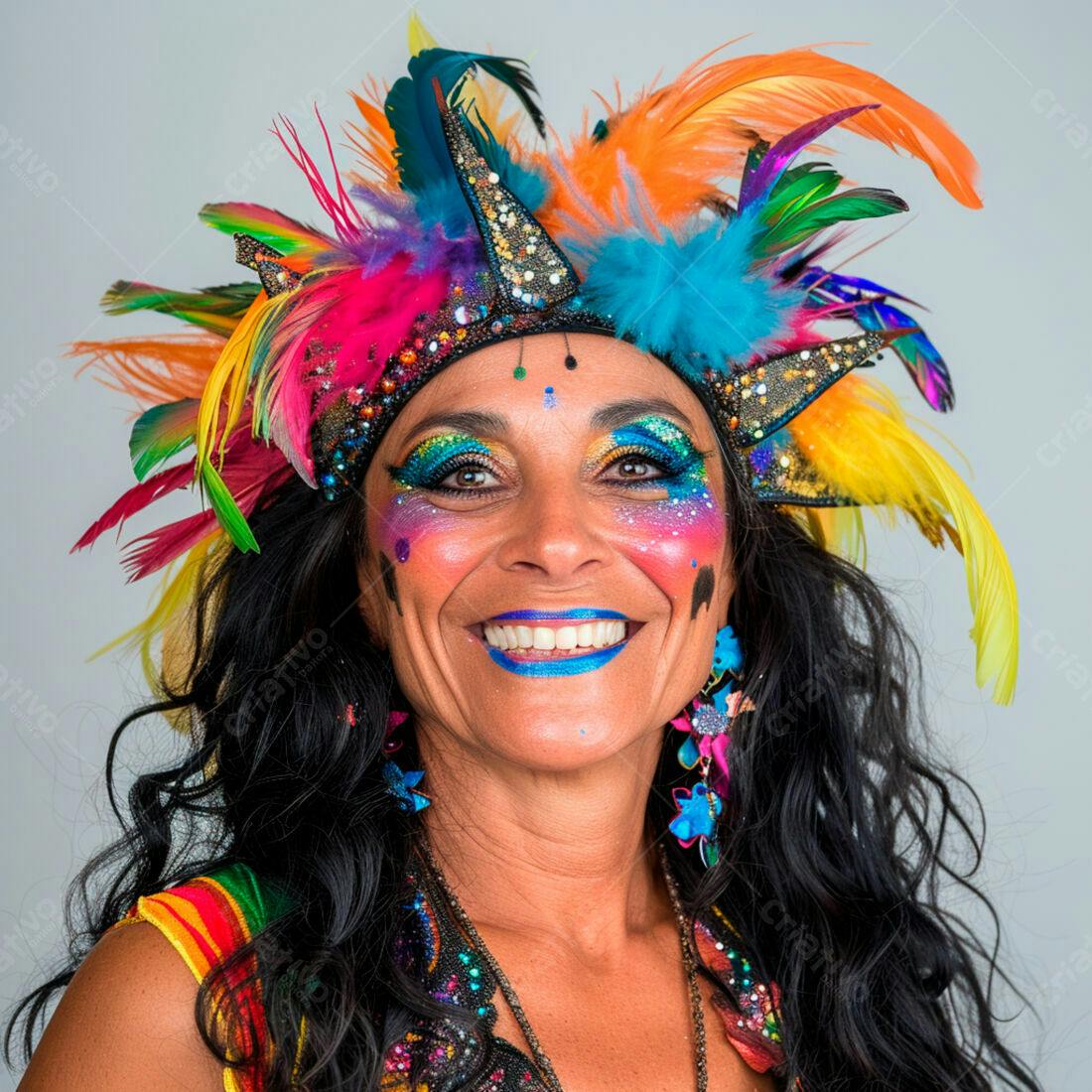 Mulher sorridente com maquiagem vibrante e fantasia de penas