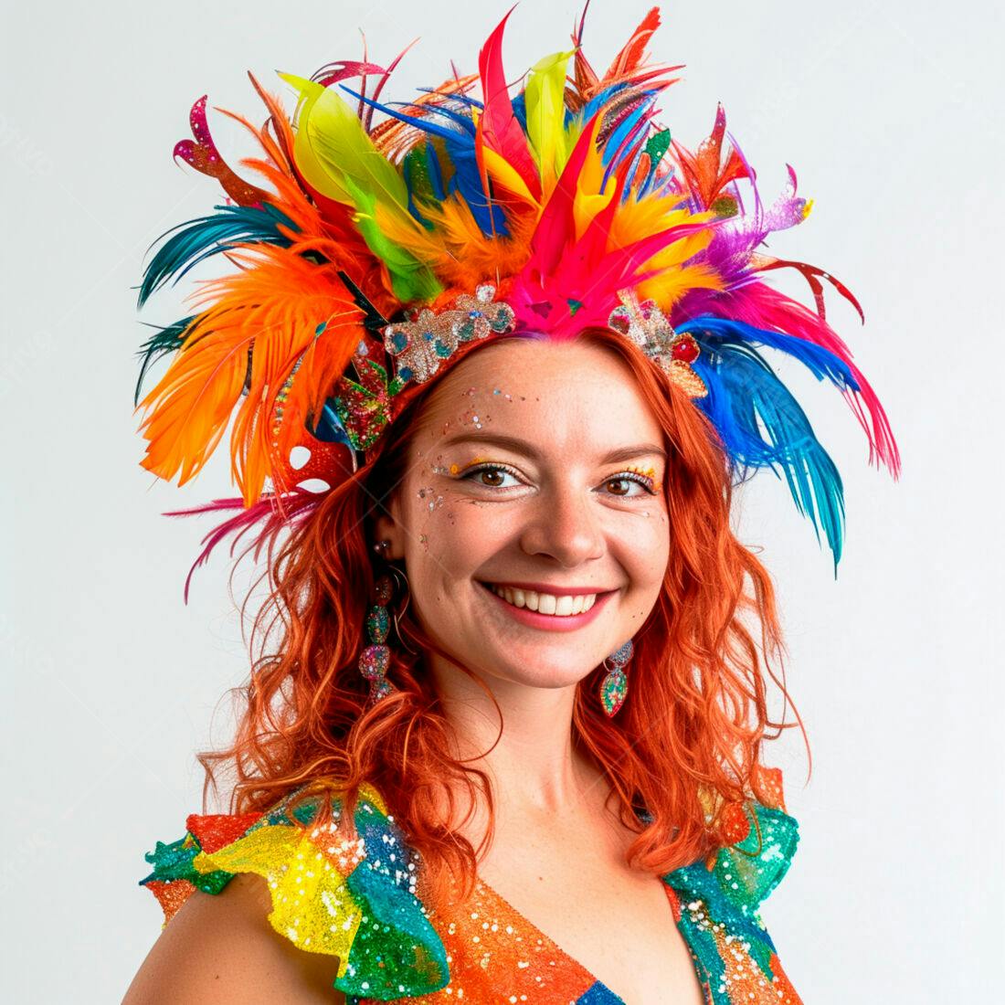 Mulher com fantasia de Carnaval colorida e alegre