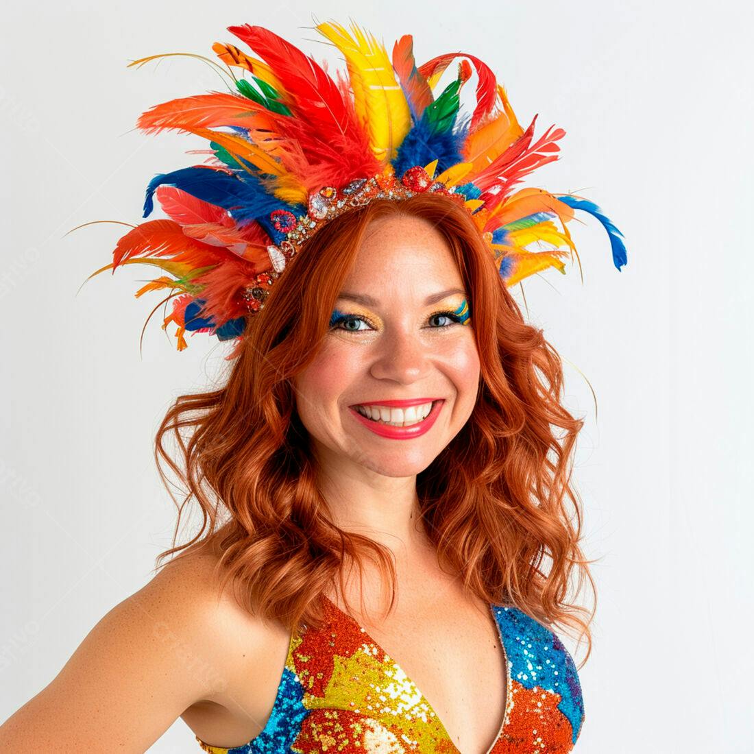 Mulher ruiva sorrindo com coroa de penas coloridas