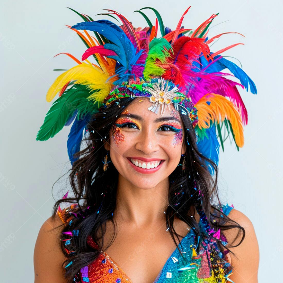 Mulher sorridente com fantasia de penas coloridas