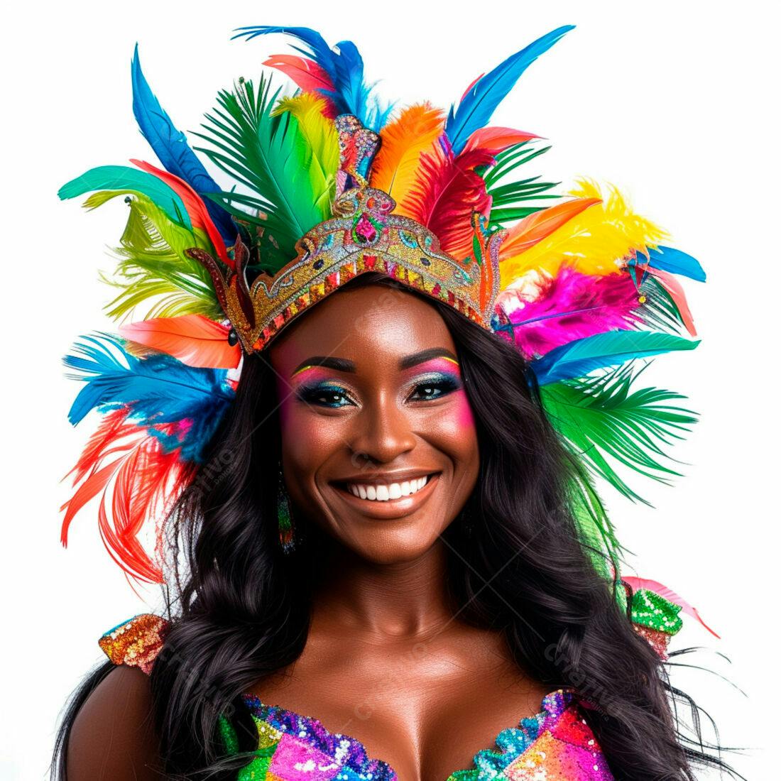 Mulher negra sorridente com fantasia de Carnaval
